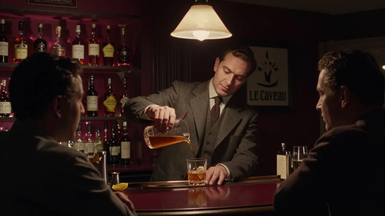 A dim speakeasy bar with a bartender pouring a custom cocktail, rich wood and amber lighting in a hidden Monaco alley.