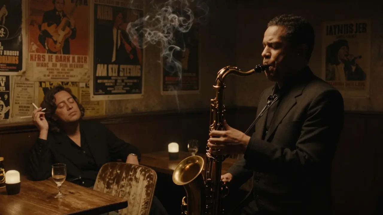 A dimly lit jazz club basement where a musician plays saxophone, surrounded by quiet listeners in vintage seating.