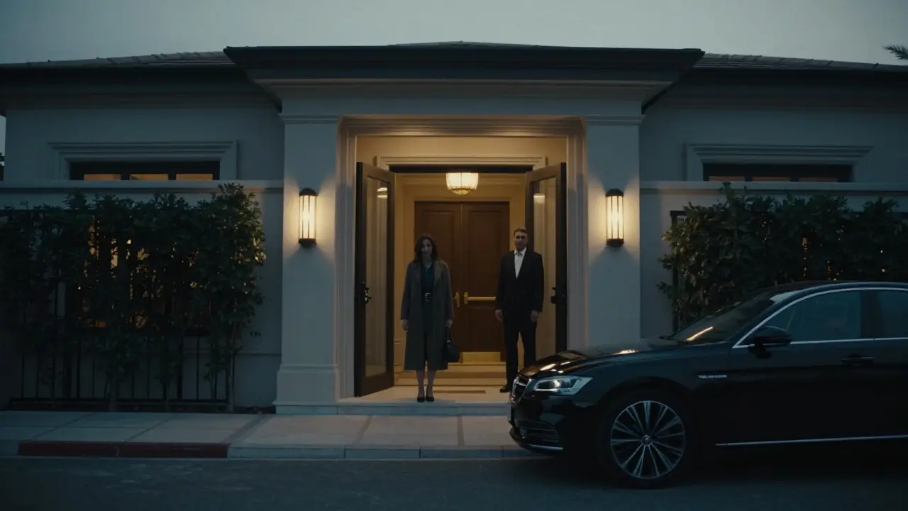 A discreet arrival at a private Dubai villa at dusk, emphasizing privacy and elegance without faces visible.