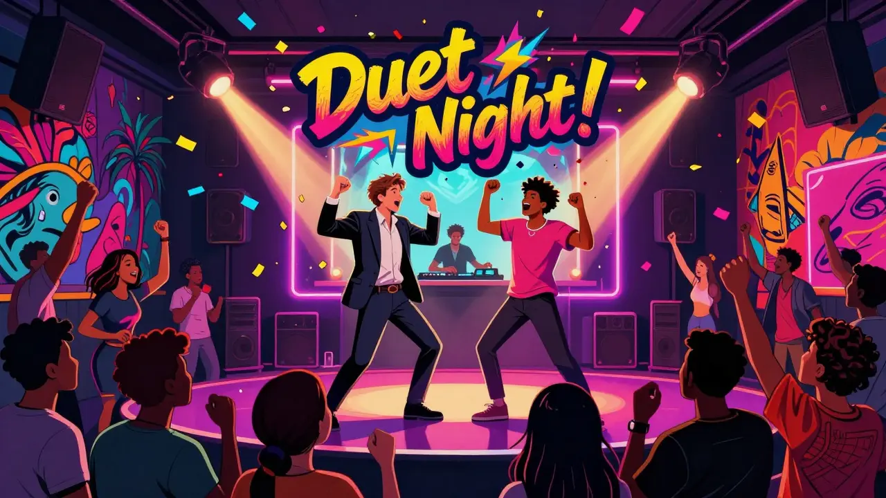 A diverse duo performs a duet on stage at a vibrant karaoke lounge with glowing lights and cheering crowd.