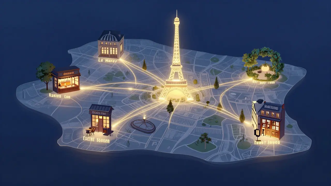 A glowing map of Paris highlighting hidden spots like bakeries and jazz bars, connected by golden threads in midnight air.