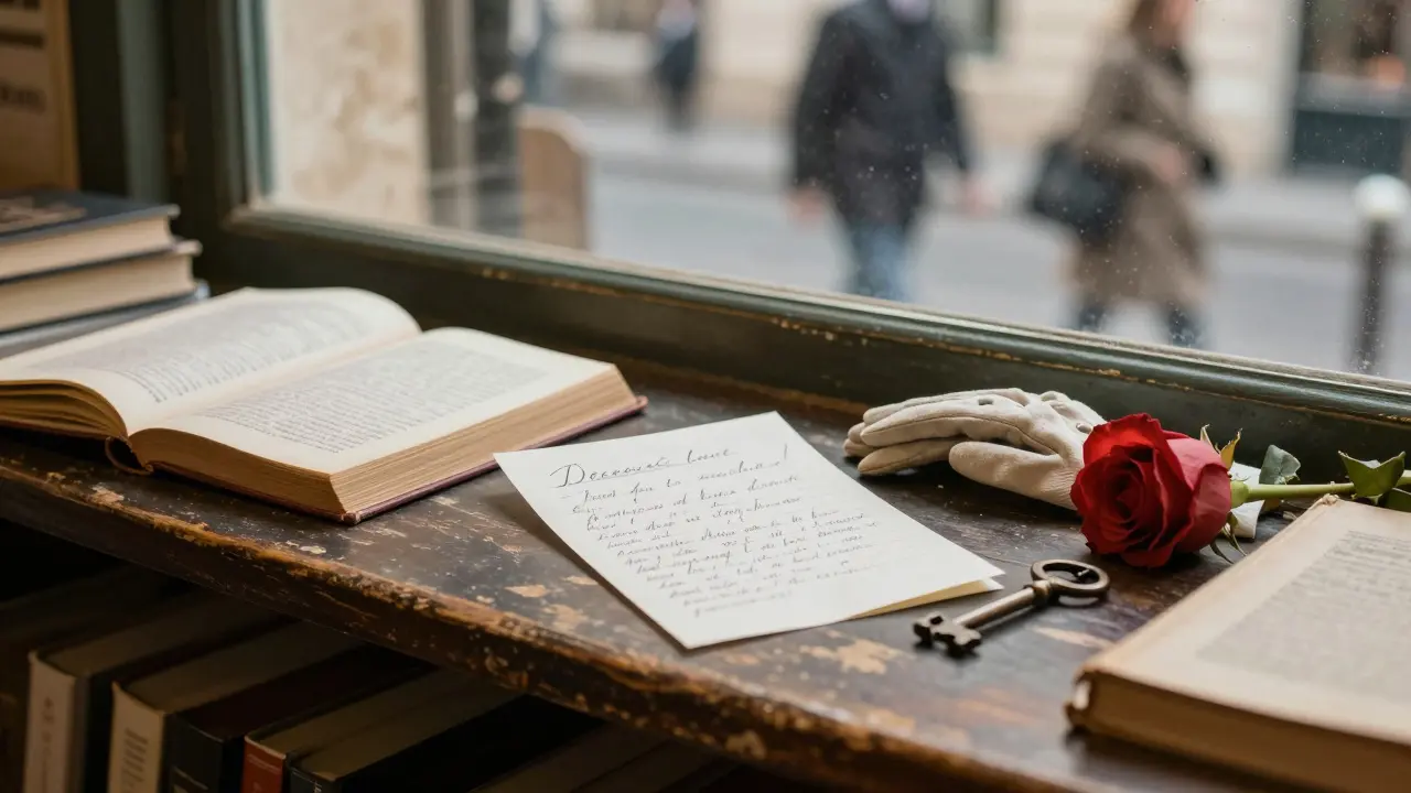 A handwritten note and personal items rest on a bookstore counter, suggesting a discreet, thoughtful companion&#039;s presence.