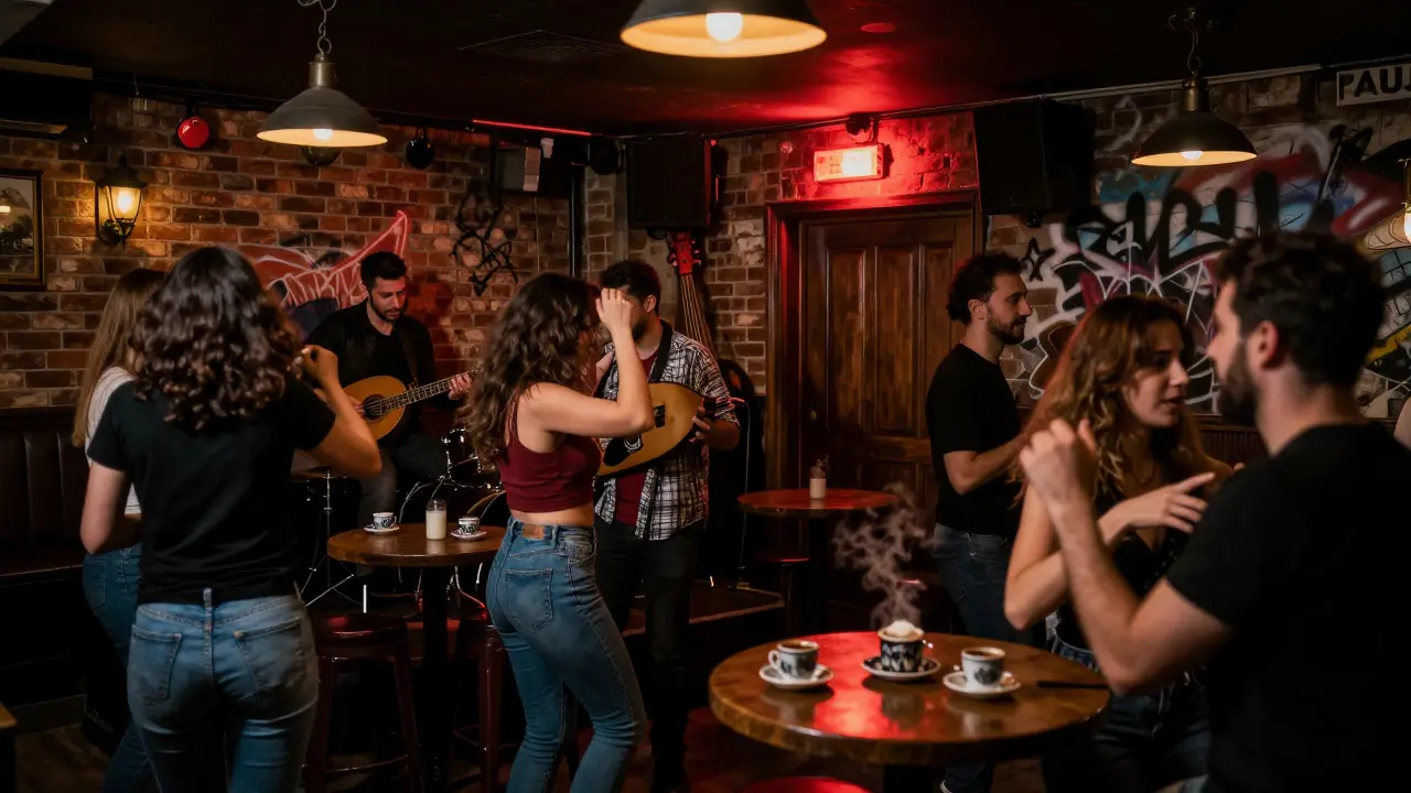 A hidden basement bar in Kadıköy with a live band playing Turkish indie rock, lit by warm pendant lights.