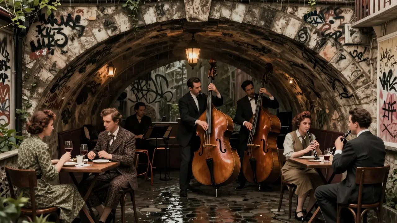 A hidden jazz club under a bridge with musicians playing and patrons drinking wine in dim lantern light.