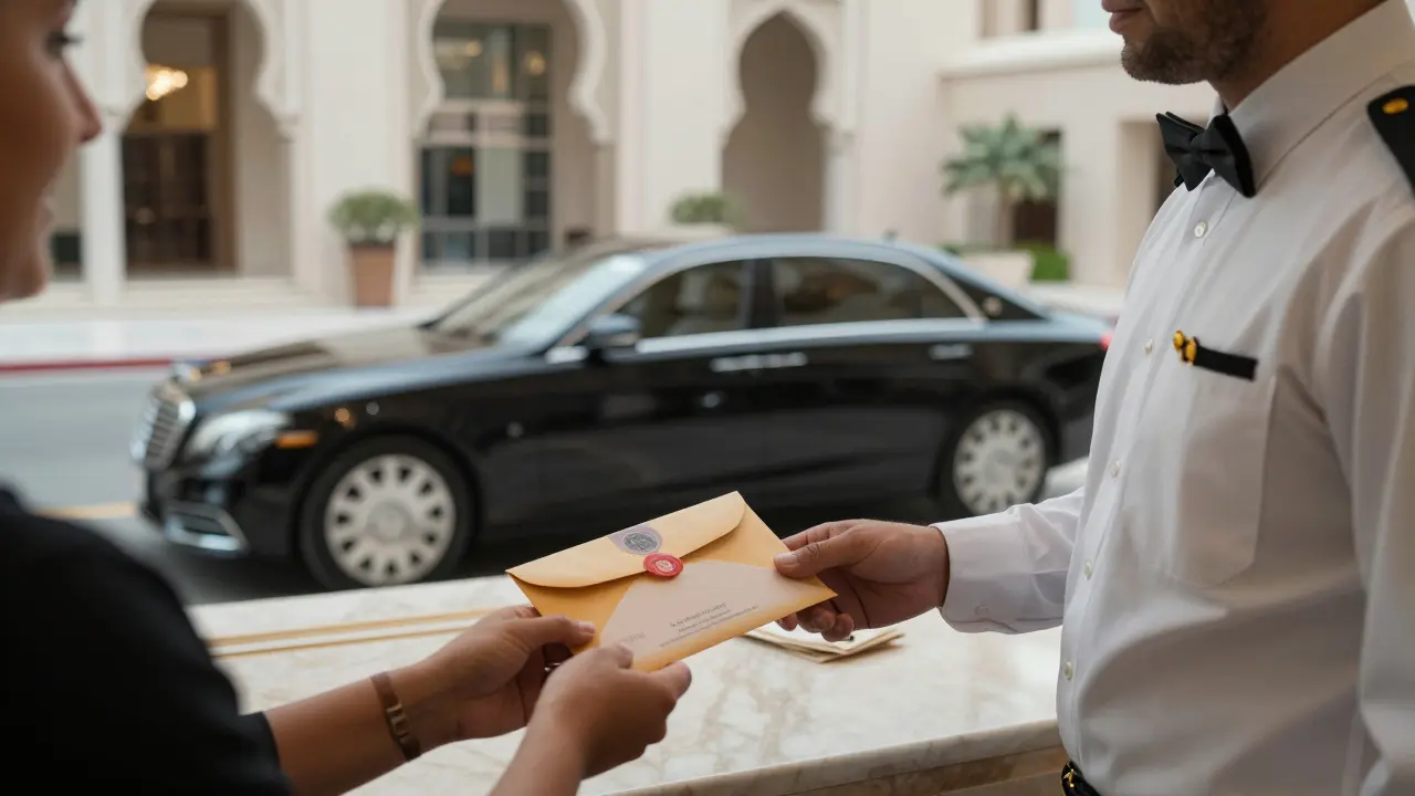 A hotel concierge handing a client a verified appointment envelope at Emirates Palace.