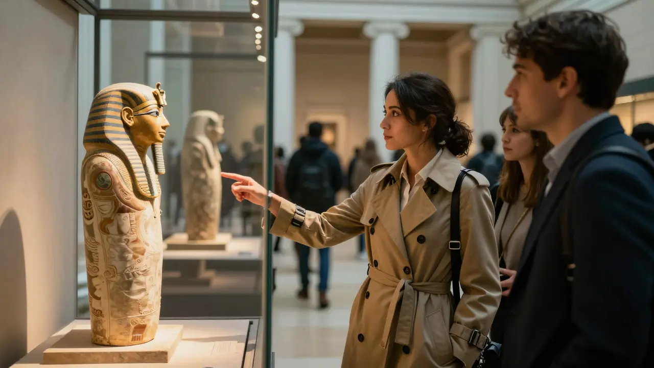 A knowledgeable companion guiding a client through an exhibit at the British Museum.