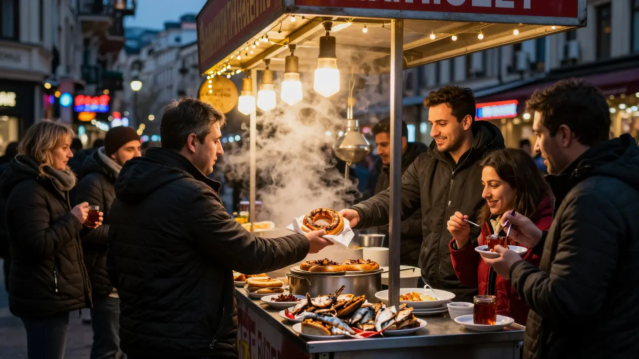 A late-night street food stall on İstiklal Avenue serving simit and grilled fish to locals after midnight.