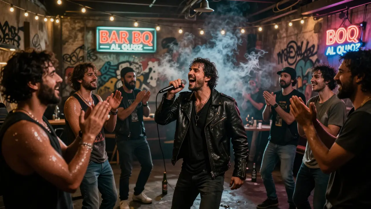 A lone singer belting out a rock song in a gritty warehouse bar surrounded by dancing friends and graffiti walls.