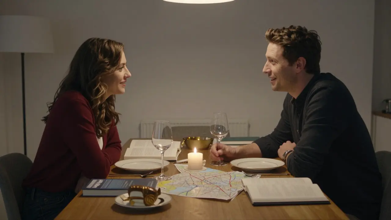 A man and woman sharing a thoughtful dinner with books and a map of Berlin on the table.
