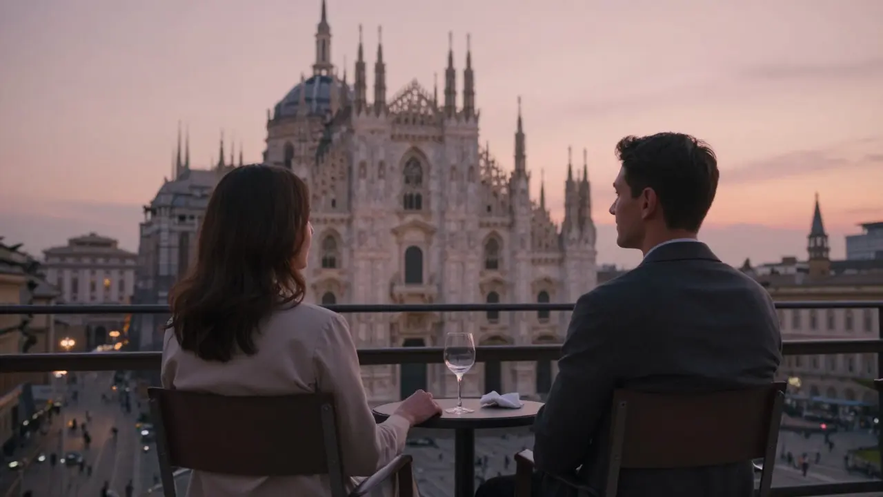 A man and woman sit in silent companionship on a terrace overlooking the Duomo at sunset, no phones, no words.