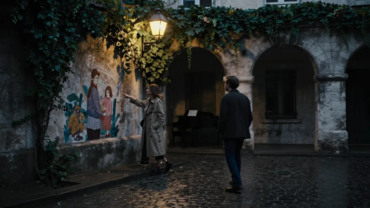 A man and woman walking through a hidden Montmartre courtyard at dusk, pointing to a mural.