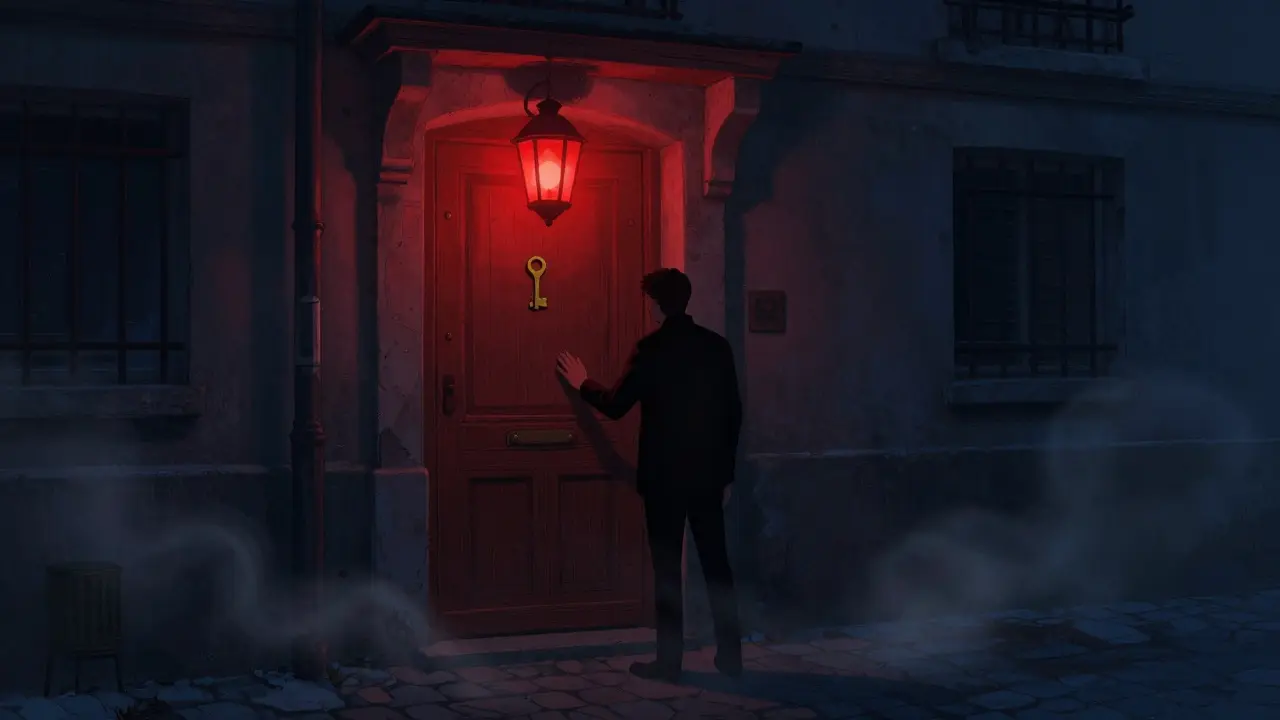 A mysterious speakeasy door with a brass key symbol in a quiet Paris alley at night, lit by a single red lantern.