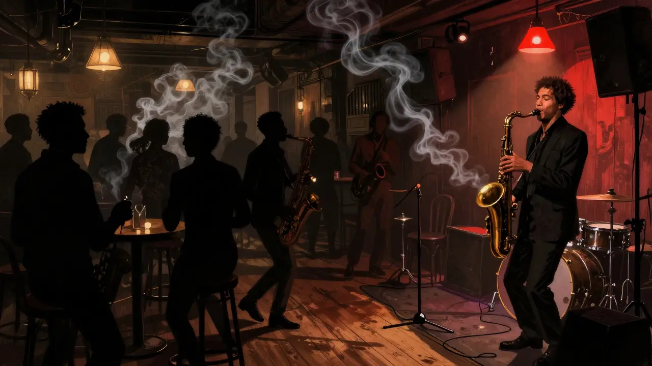 A packed jazz club in the Latin Quarter with a saxophonist playing under flickering lights.
