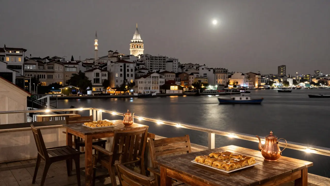 A peaceful rooftop terrace in Galata at night, overlooking the Golden Horn with soft lights and fishing boats.