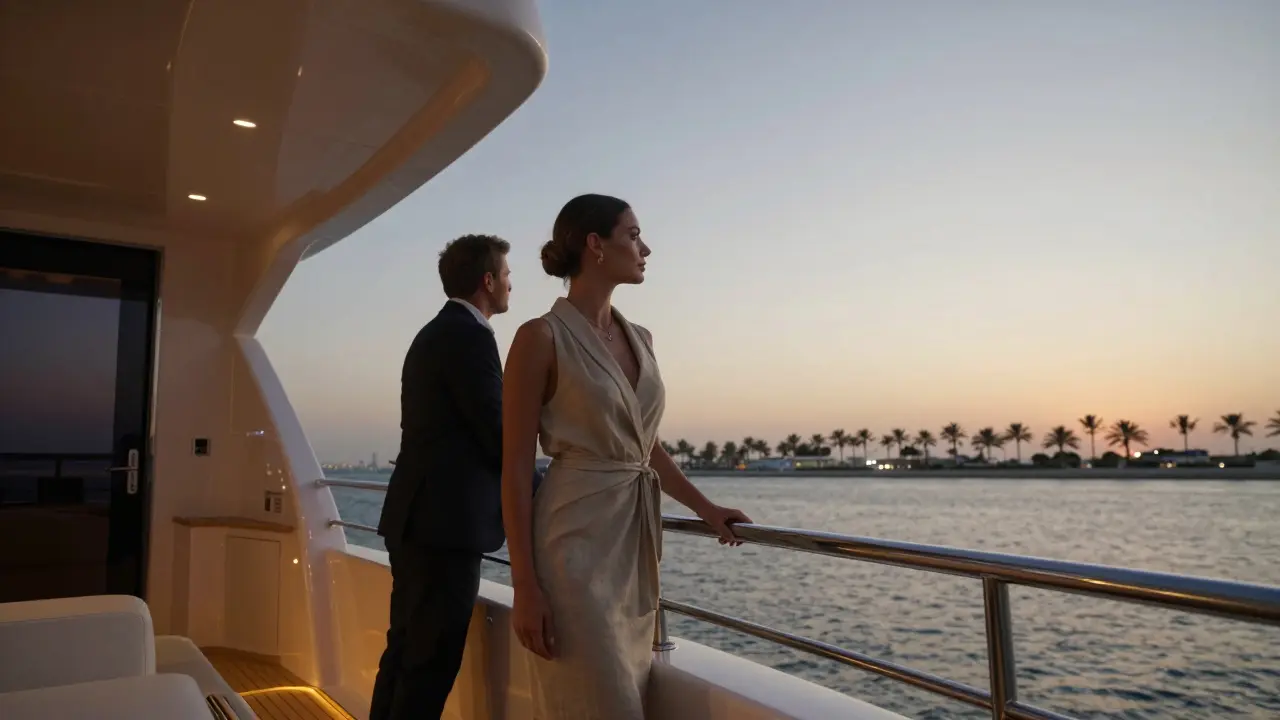 A private yacht at sunset along Abu Dhabi&#039;s coast, two figures in quiet contemplation.