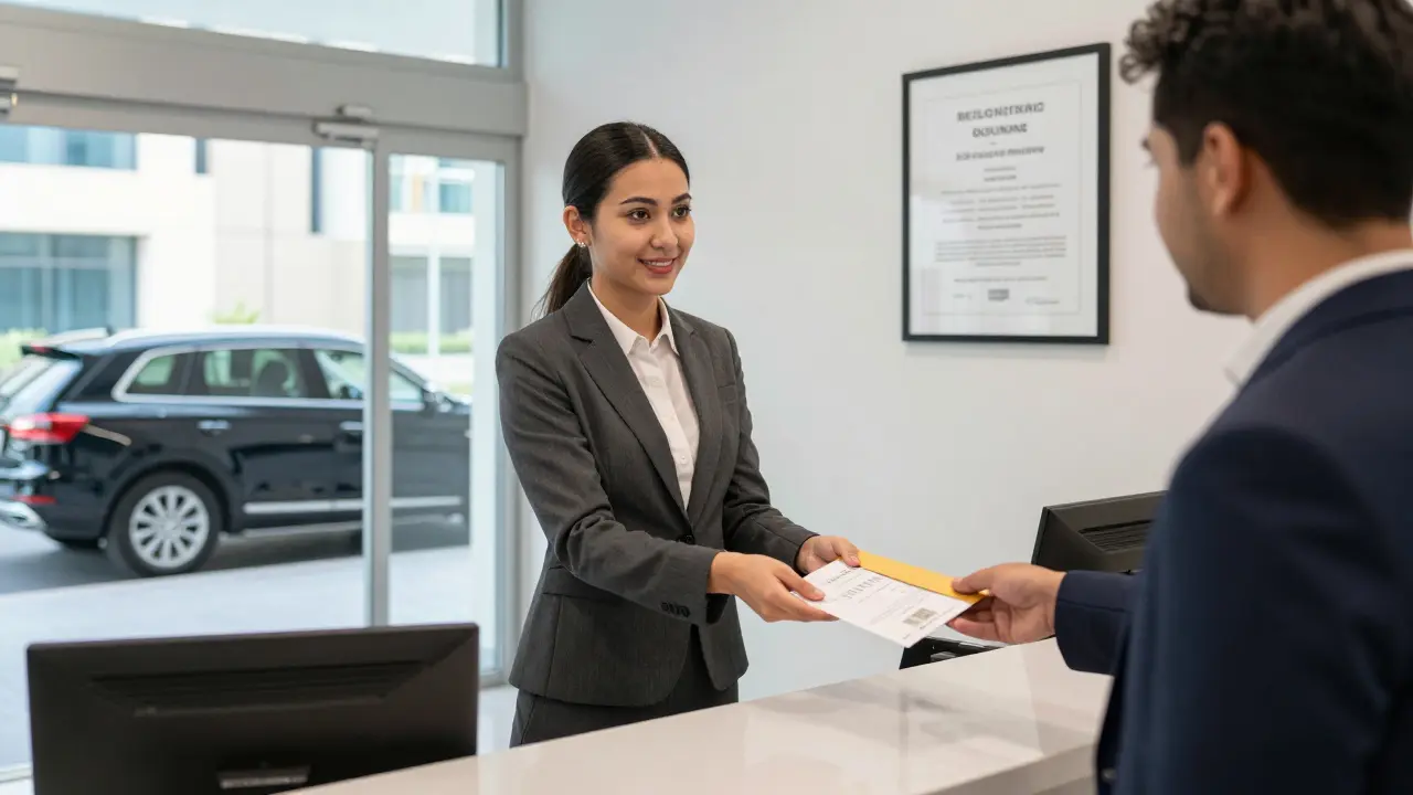 A professional agency receptionist hands a client a discreet itinerary in a modern Abu Dhabi office, with a black SUV waiting outside.