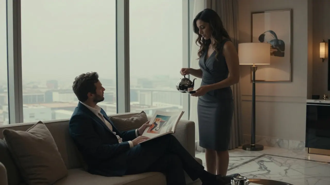 A professional companion and client sharing a calm moment in a luxury hotel suite, reading art together.