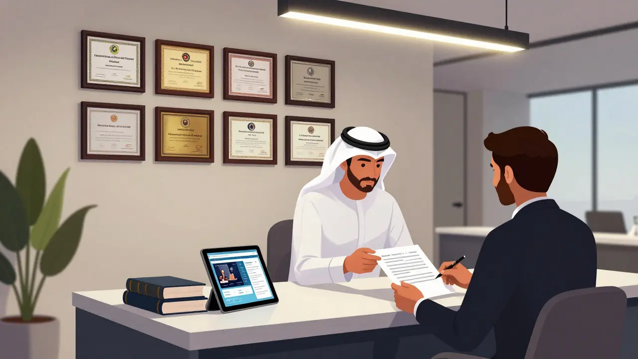 A professional escort agency office in Abu Dhabi with licensed signage, a client reviewing a contract under soft lighting, conveying legitimacy and discretion.