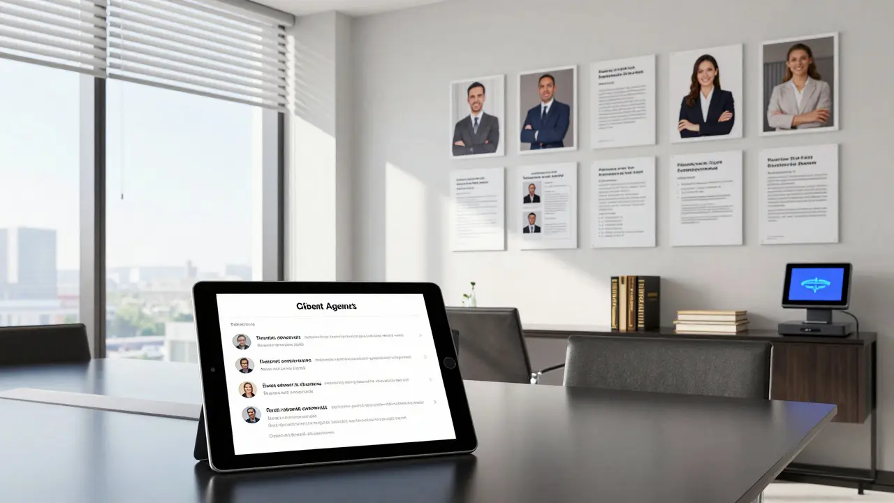 A professional escort agency office with client testimonials, professional profiles, and secure payment systems displayed.