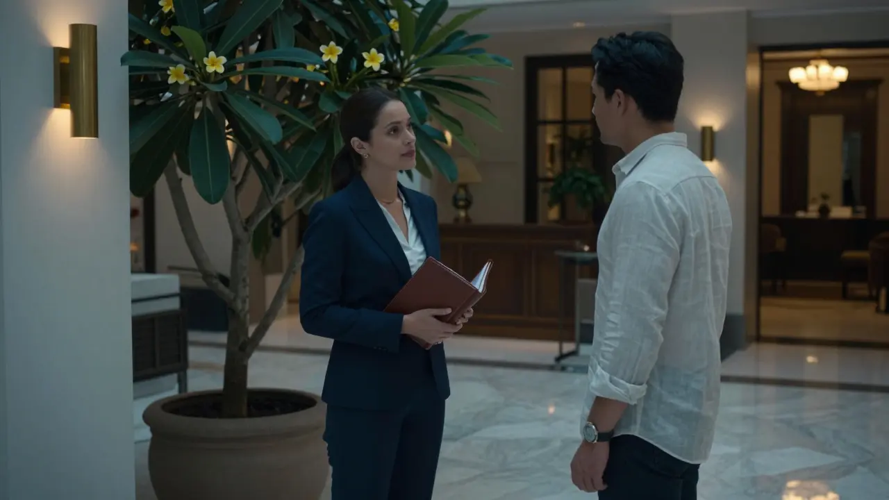 A professional woman and man exchanging a subtle nod in a luxury hotel lobby at dusk.