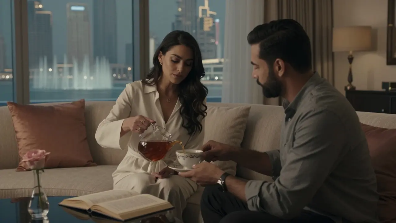A quiet moment in a luxury hotel suite: tea is poured as the city lights shimmer beyond the window.