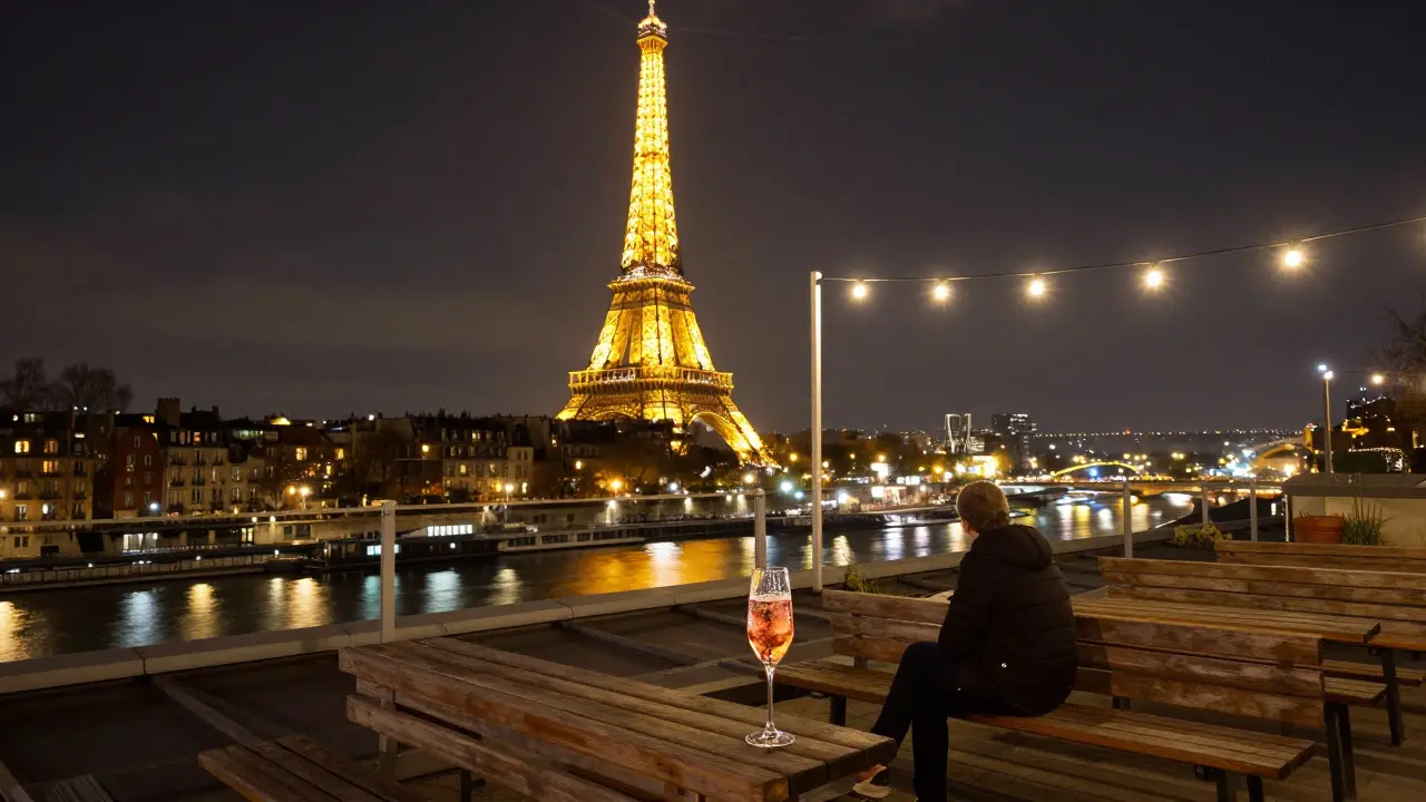 A quiet rooftop terrace in Paris at midnight with the Eiffel Tower glowing in the distance.