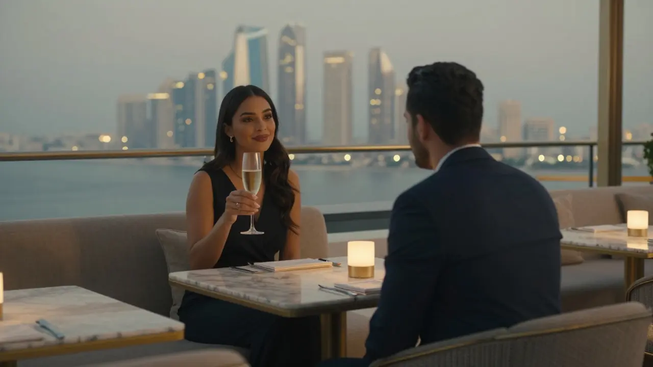 A refined companion and client share a quiet champagne toast on a luxury rooftop lounge with the city skyline glowing behind them.