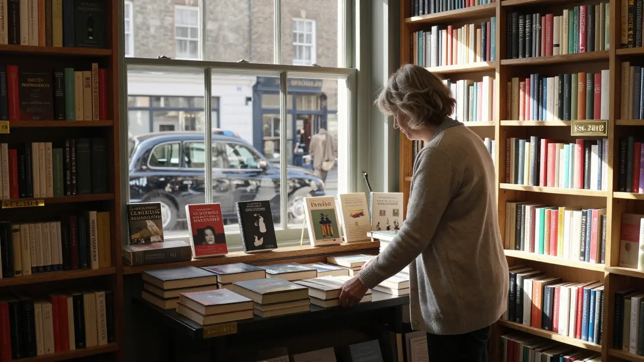 A retired escort runs a quiet bookshop in Chiswick, sunlight streaming through vintage windows.