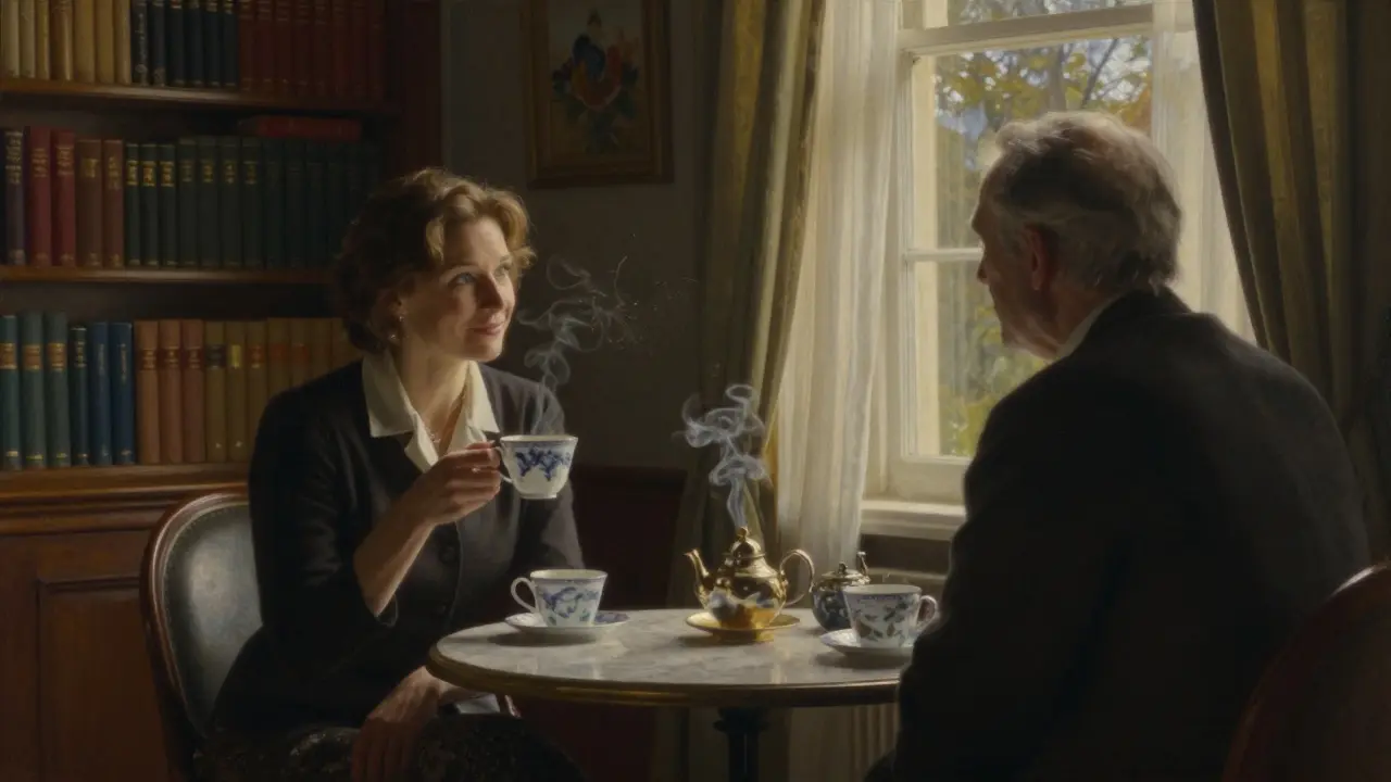 A retired professor and companion sharing tea in a book-filled room, bathed in golden evening light.