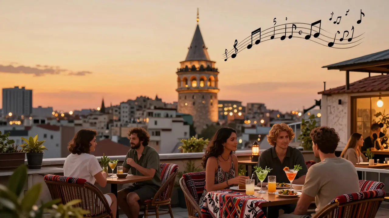 A rooftop terrace with guests enjoying cocktails as the Galata Tower glows in the sunset, surrounded by Turkish-inspired decor.