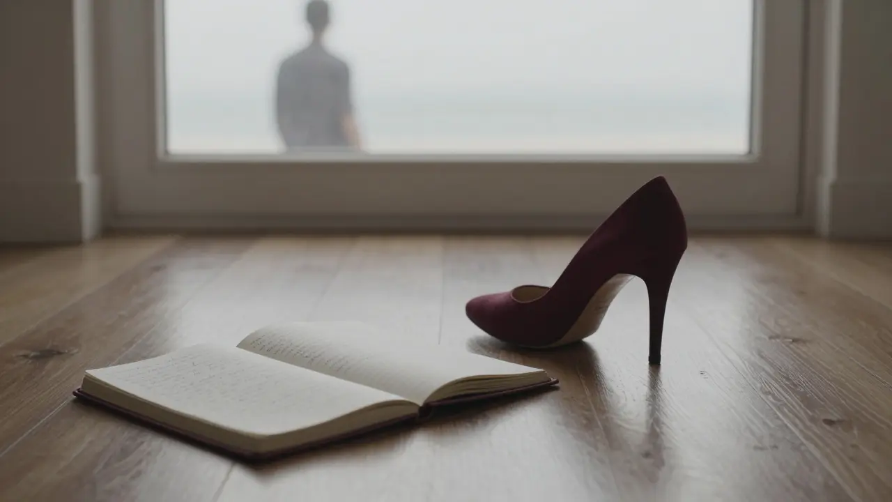 A single high-heeled shoe and open journal with handwritten notes on a wooden floor.