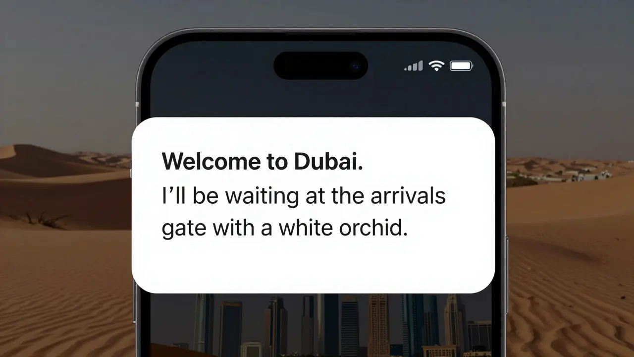 A smartphone displaying a private encrypted message about meeting with a white orchid at Dubai airport.