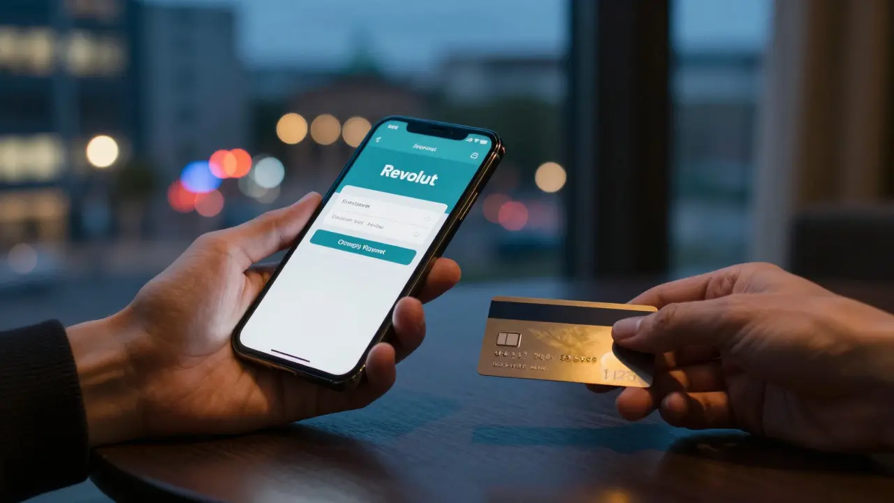 A smartphone showing a digital payment confirmation next to a hotel keycard in a dimly lit room.