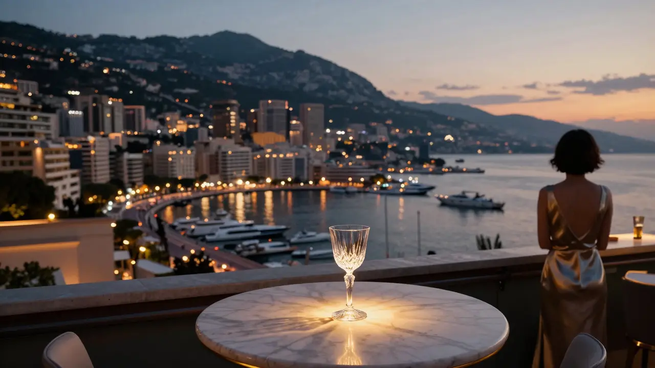 A solitary figure at Le Rascasse rooftop bar overlooking Monaco’s harbor at twilight, yacht lights shimmering on the sea.