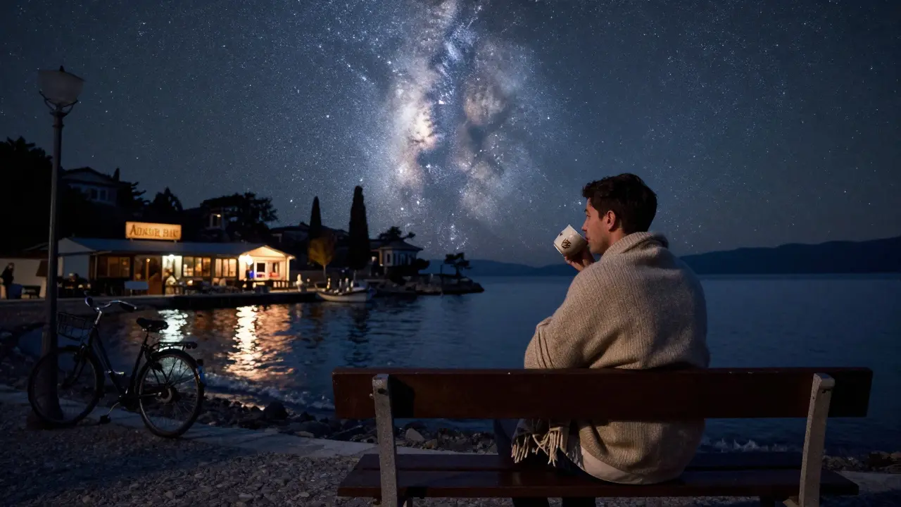 A solitary figure on a quiet island bench under a star-filled sky, sipping mulled wine by the water.