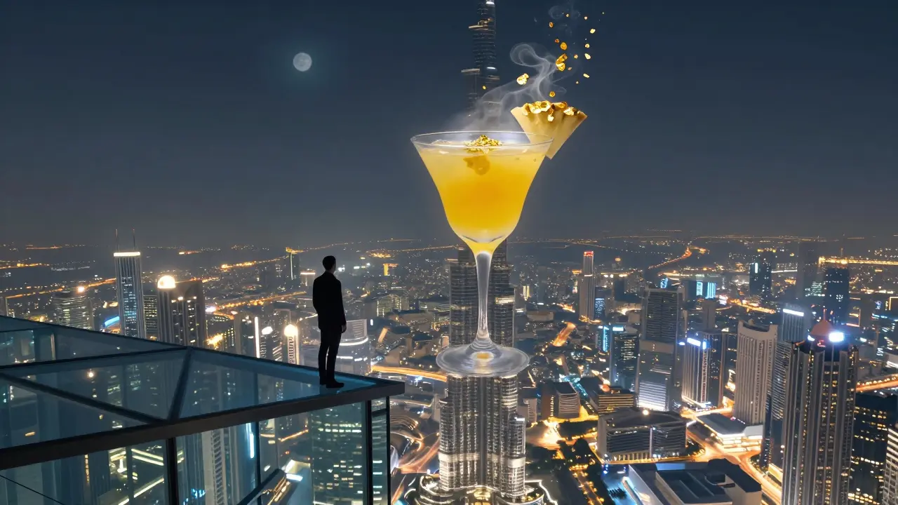 A solitary figure overlooking Dubai’s glittering skyline from the highest lounge in the world.