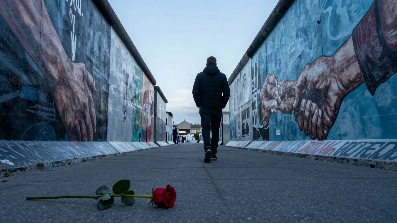 A solitary man walks past the East Side Gallery at dawn, a single red rose resting on the pavement.