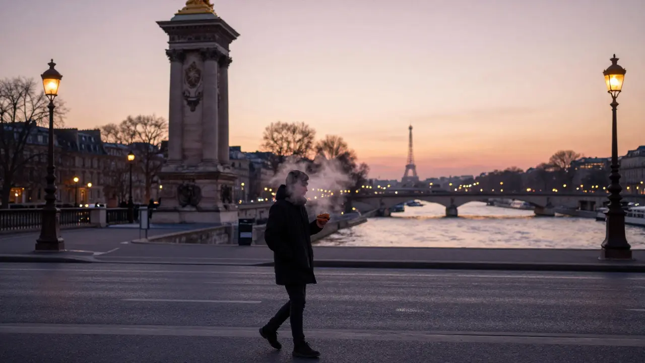A solitary walker crossing Pont Alexandre III at dawn, holding a warm pastry as the city wakes softly.