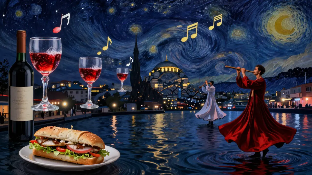 A surreal blend of Istanbul's night life elements: drinks, music, food, and culture floating in a starry night sky.