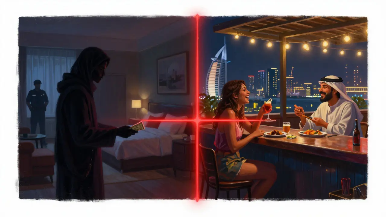 A symbolic split scene: one side shows legal consequences, the other shows cultural enrichment through genuine social connection in Abu Dhabi.