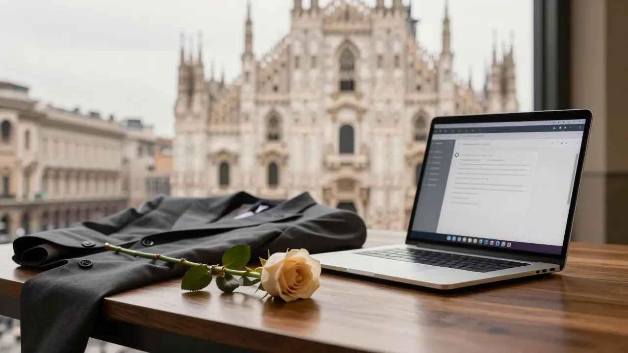A tailored suit and a rose rest on a wooden table beside a secure messaging screen, with a blurred view of Milan's Duomo in the background.