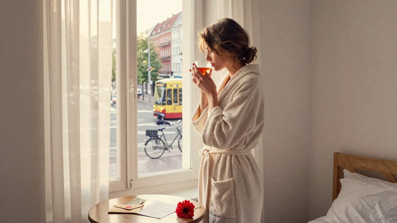 A woman alone in a sunlit Berlin flat, tea in hand, with a note and flower on the table.