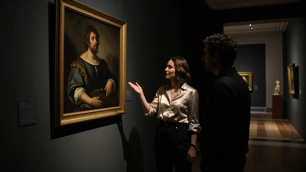 A woman explains a Caravaggio painting to a client in a private gallery, bathed in dramatic light and shadow.