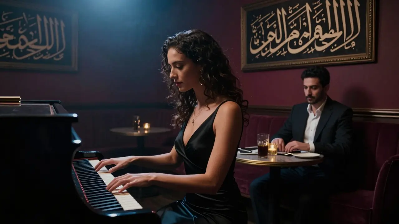 A woman plays piano in a smoky jazz lounge while a man listens intently, warm ambient lighting.
