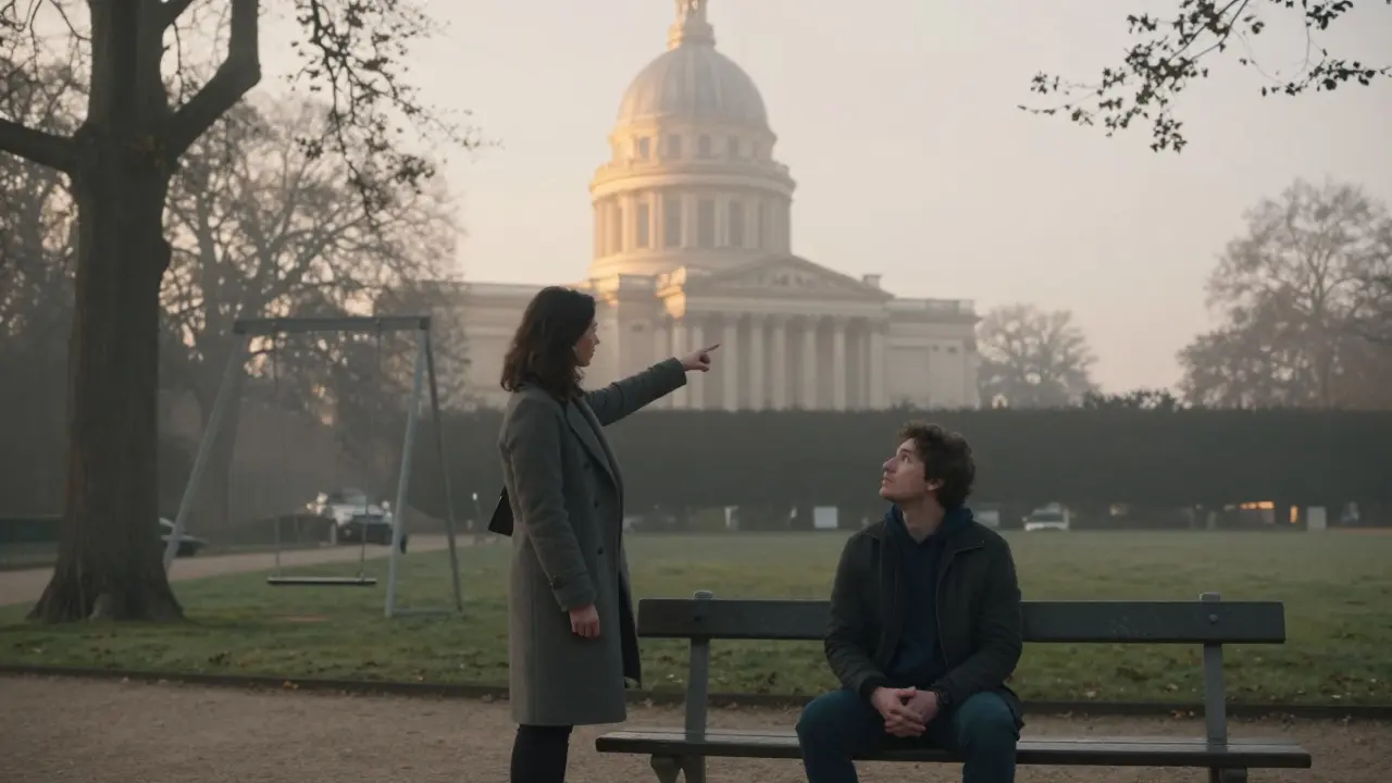 A woman shows a man the golden light on the Panthéon in the quiet morning of Luxembourg Gardens.