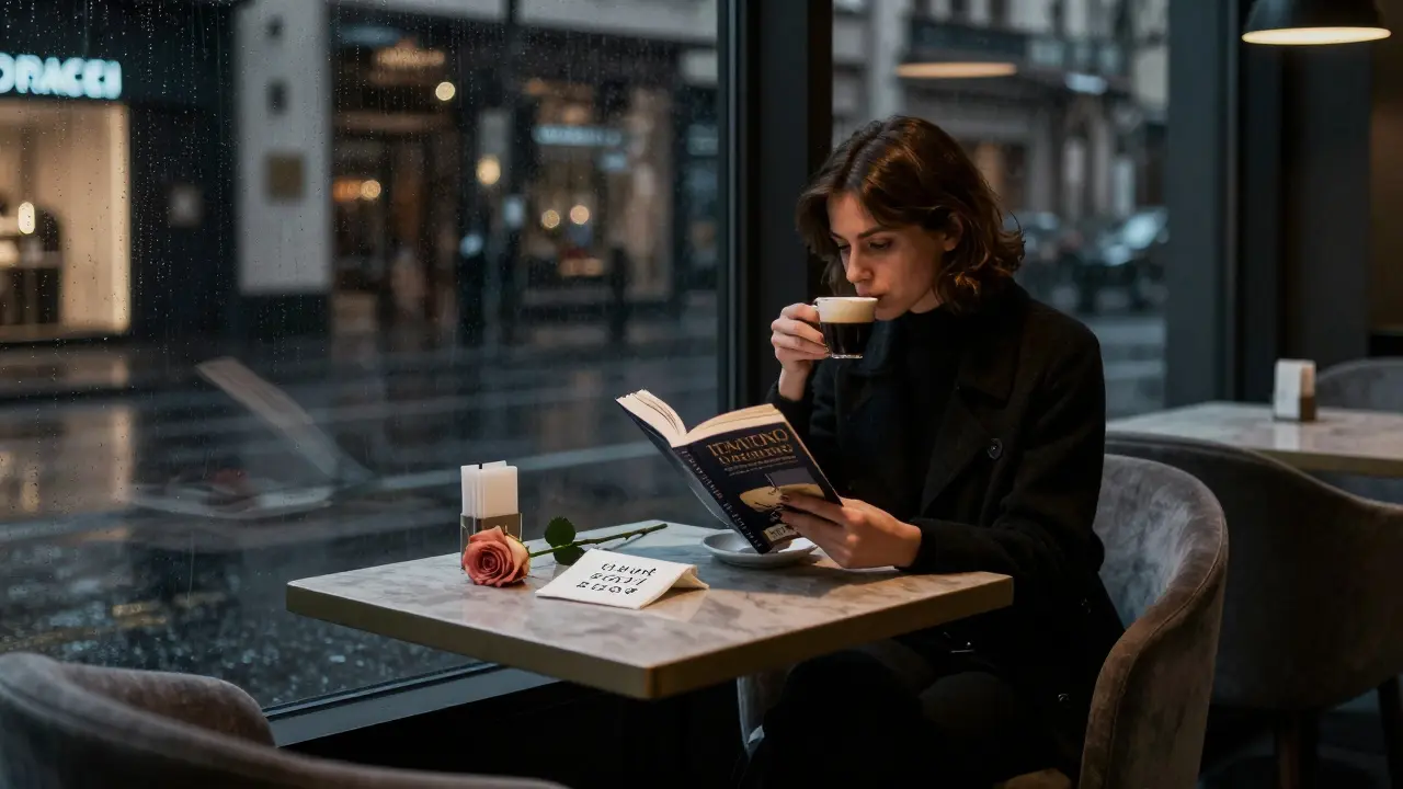 A woman sits alone in a hotel lounge at night, reading a book with a rose and a handwritten number on the table.