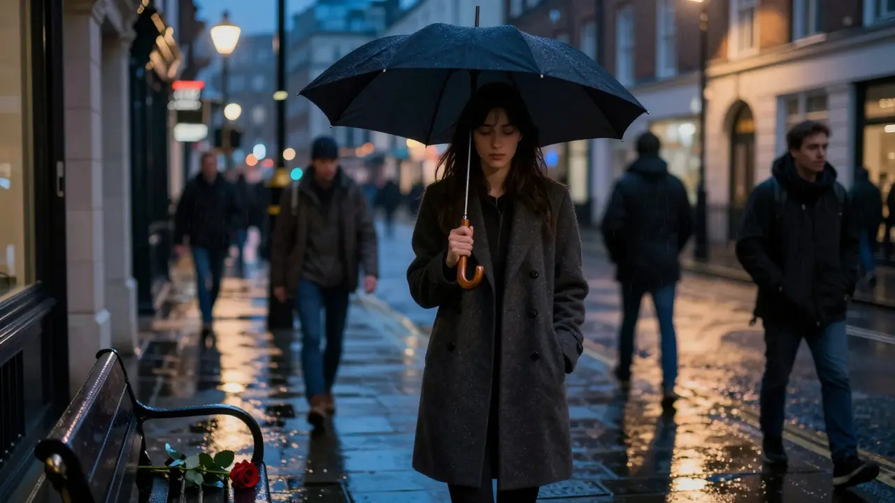 A woman standing alone in rainy Covent Garden, a red rose on a bench beside her, symbolizing quiet companionship.