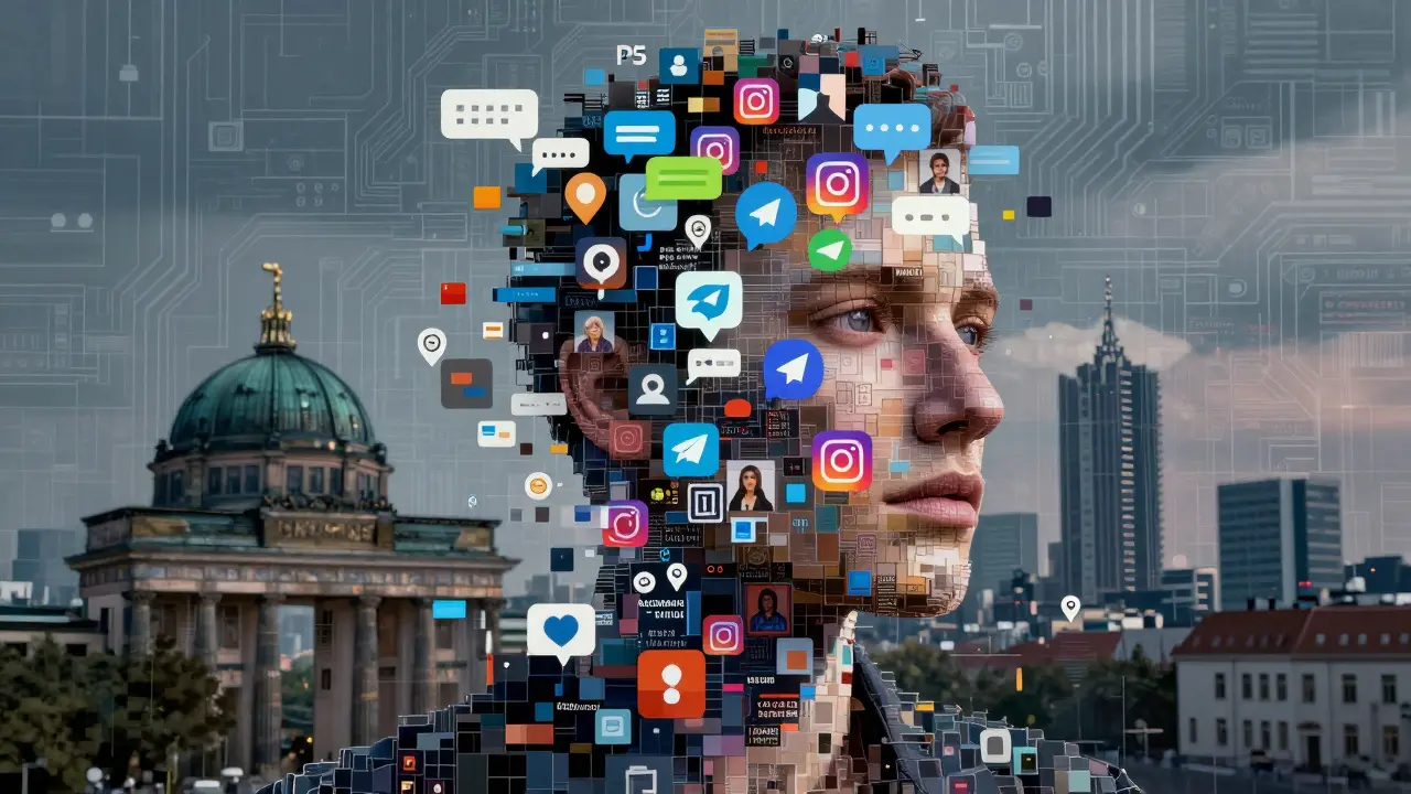 An abstract digital portrait made of tech icons and Berlin’s skyline, symbolizing identity and privacy in the modern escort industry.