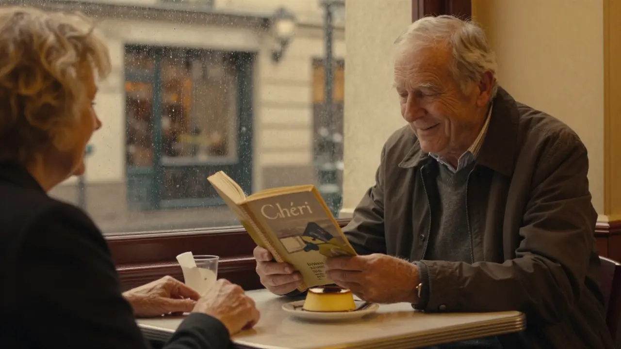 An elderly man smiling at a book in a Saint-Germain bistro, a woman's hand beside him on the table.