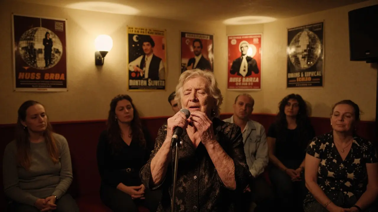 An elderly woman singing karaoke in silence, the room utterly still, filled with emotion and warmth.